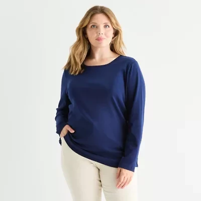 St. John's Bay Womens Plus Crew Neck Long Sleeve T-Shirt