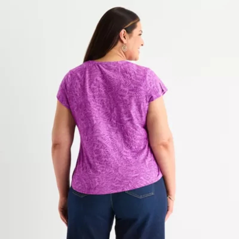 Liz Claiborne Womens Plus Split Crew Neck Short Sleeve Blouse