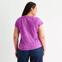 Liz Claiborne Womens Plus Split Crew Neck Short Sleeve Blouse