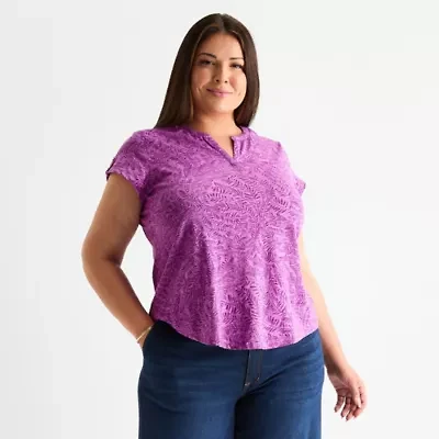 Liz Claiborne Womens Plus Split Crew Neck Short Sleeve Blouse