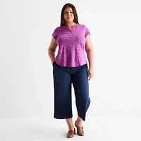 Liz Claiborne Womens Plus Split Crew Neck Short Sleeve Blouse