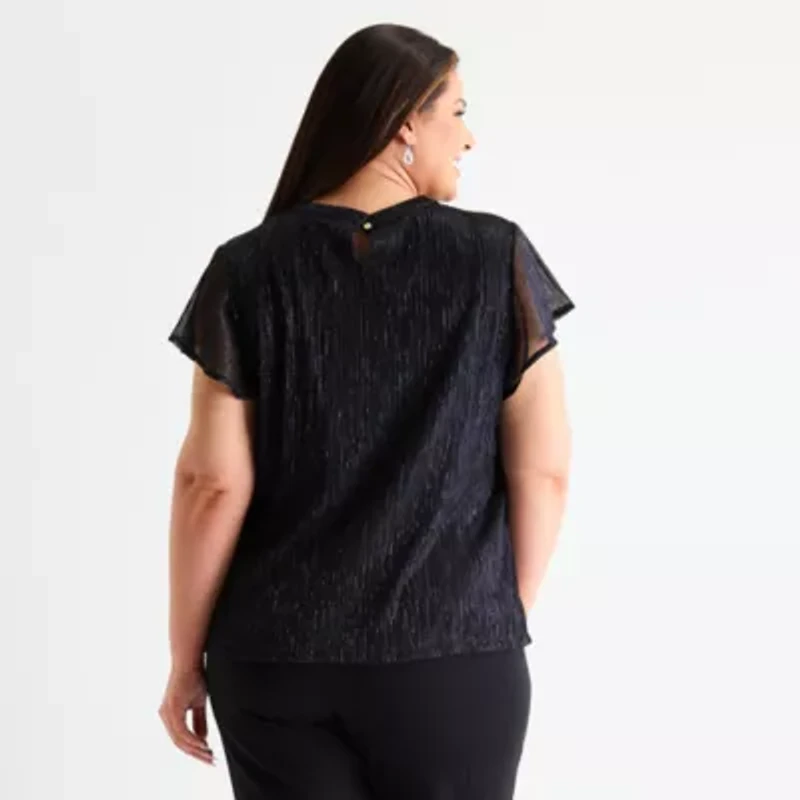 Liz Claiborne Womens Round Neck Short Sleeve Adaptive Plus Blouse