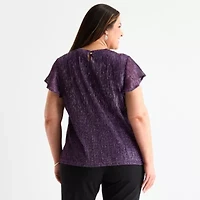 Liz Claiborne Womens Plus Round Neck Short Sleeve Blouse