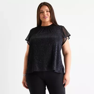 Liz Claiborne Womens Round Neck Short Sleeve Adaptive Plus Blouse