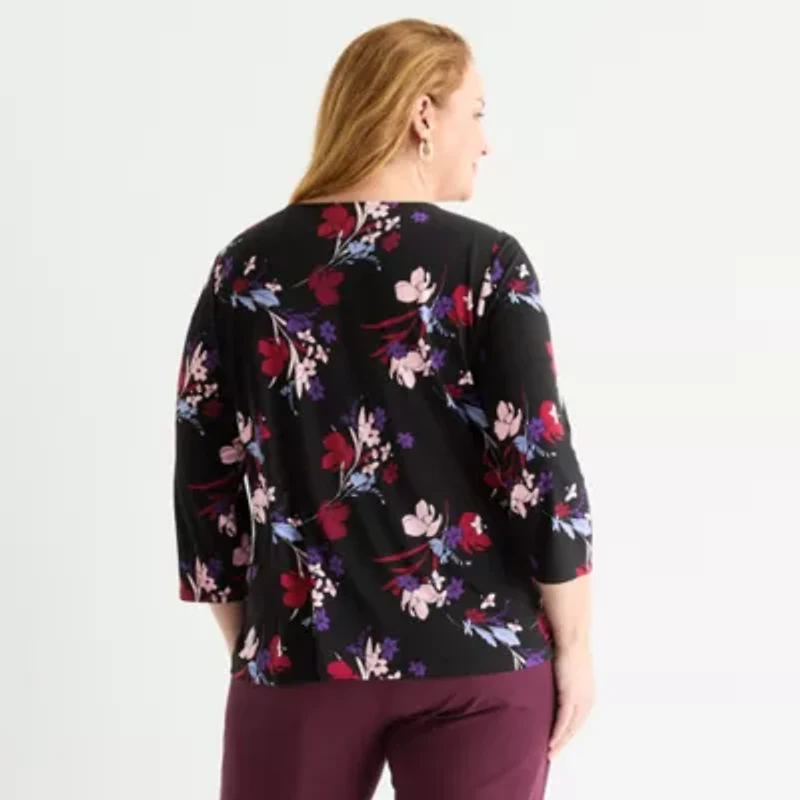 Liz Claiborne Womens Round Neck 3/4 Sleeve Plus Blouse