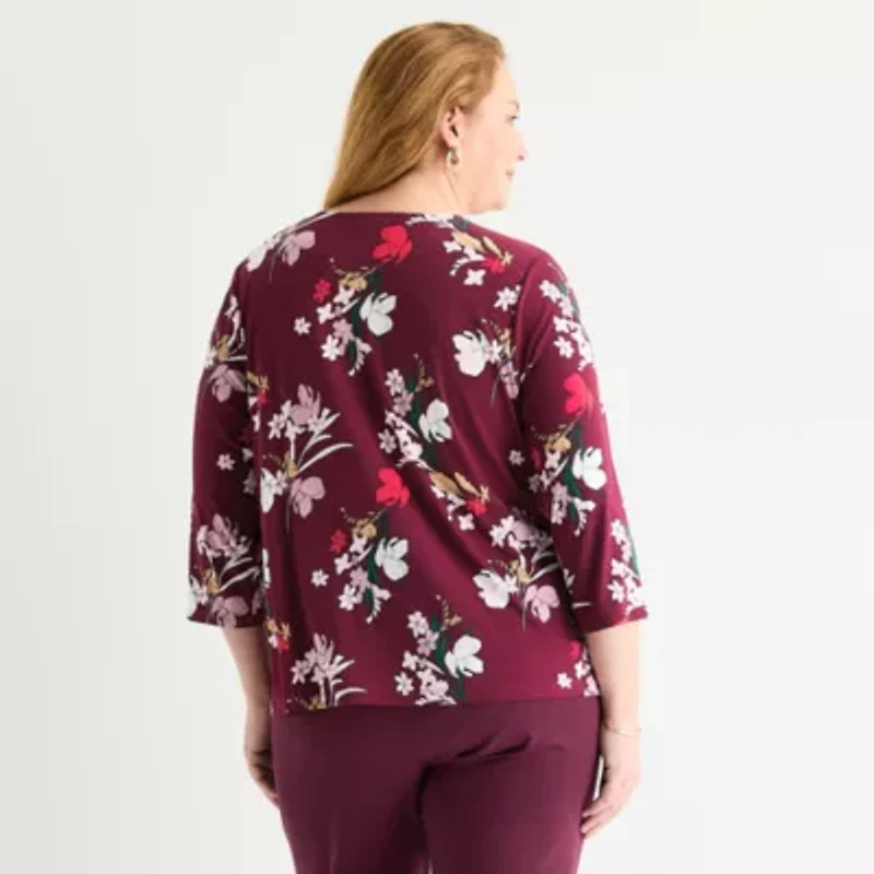 Liz Claiborne Womens Plus Keyhole Neck 3/4 Sleeve Blouse