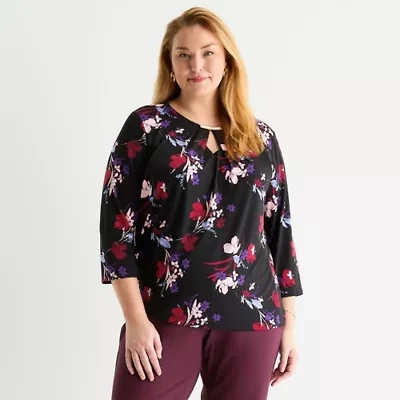 Liz Claiborne Womens Round Neck 3/4 Sleeve Plus Blouse