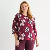 Liz Claiborne Womens Plus Keyhole Neck 3/4 Sleeve Blouse