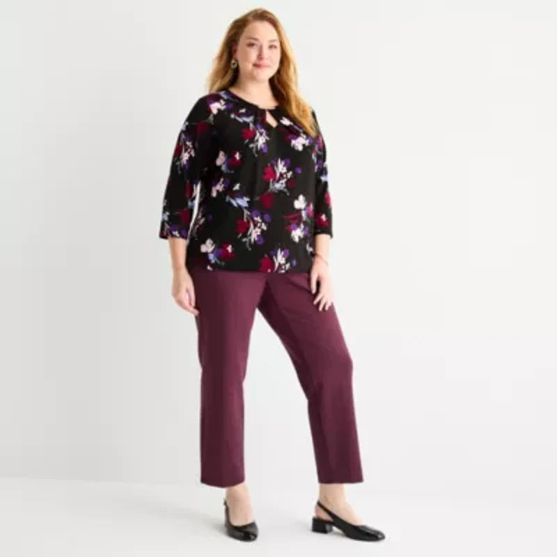 Liz Claiborne Womens Round Neck 3/4 Sleeve Plus Blouse