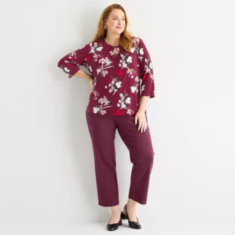 Liz Claiborne Womens Plus Keyhole Neck 3/4 Sleeve Blouse
