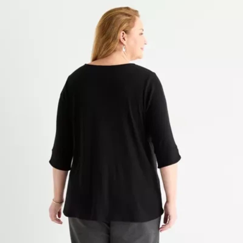 Liz Claiborne Plus Womens Round Neck 3/4 Sleeve Tunic Top