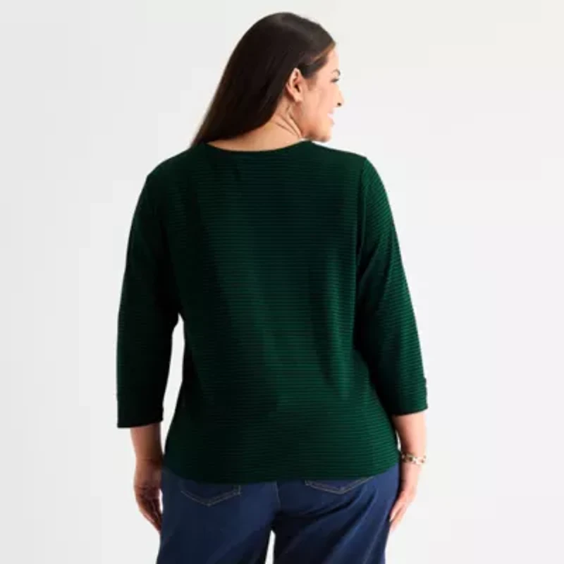 Liz Claiborne Womens Round Neck 3/4 Sleeve Plus Blouse