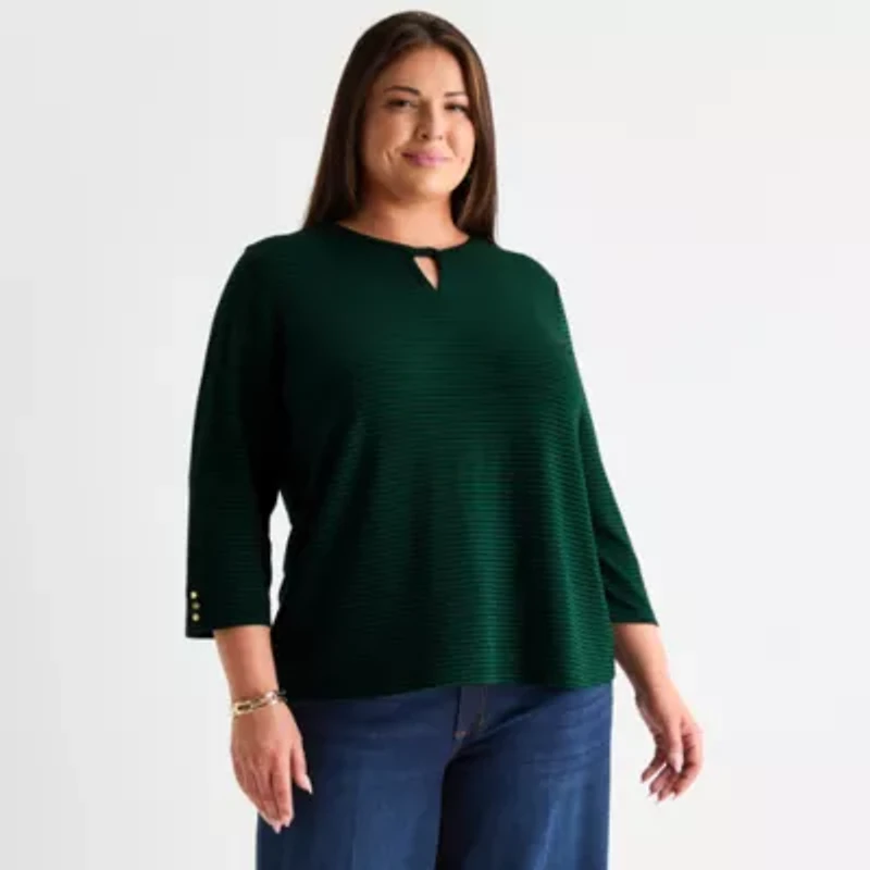 Liz Claiborne Womens Round Neck 3/4 Sleeve Plus Blouse