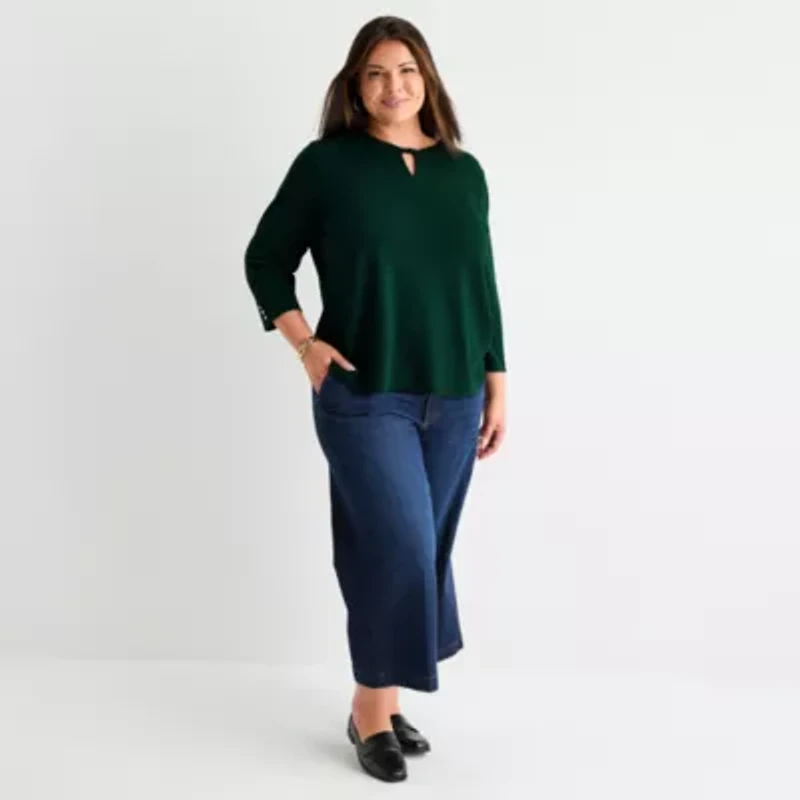 Liz Claiborne Womens Round Neck 3/4 Sleeve Plus Blouse
