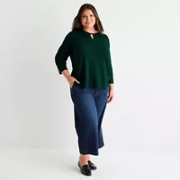 Liz Claiborne Womens Round Neck 3/4 Sleeve Plus Blouse