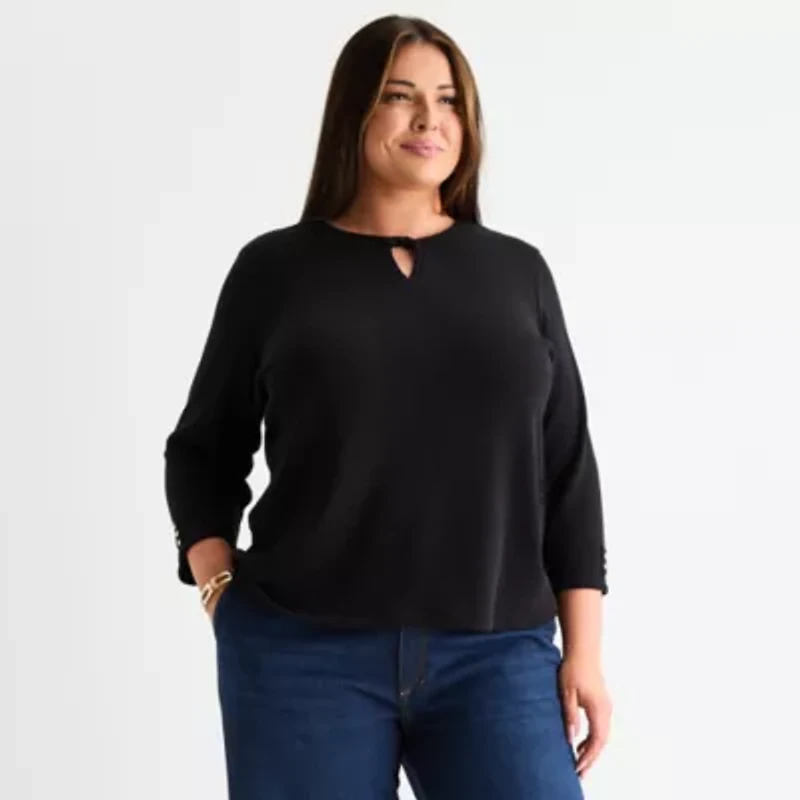 Liz Claiborne Womens Plus Keyhole Neck 3/4 Sleeve Blouse
