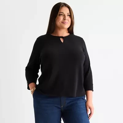 Liz Claiborne Womens Plus Keyhole Neck 3/4 Sleeve Blouse