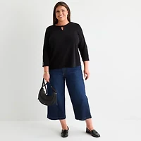 Liz Claiborne Womens Plus Keyhole Neck 3/4 Sleeve Blouse