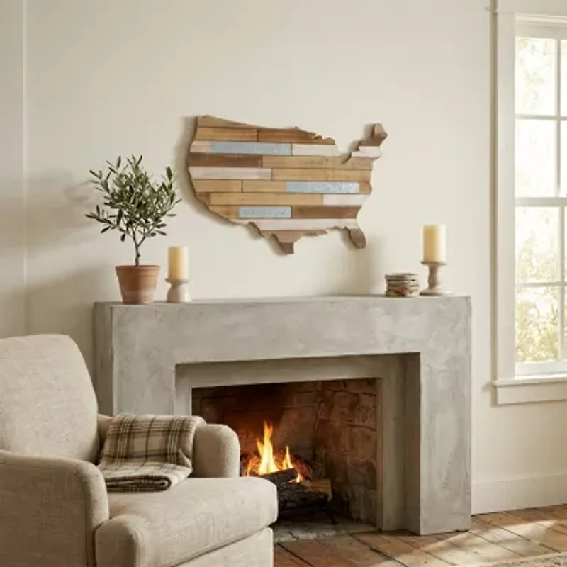 Hanging Mixed Media Wood And USA Metal Wall Art