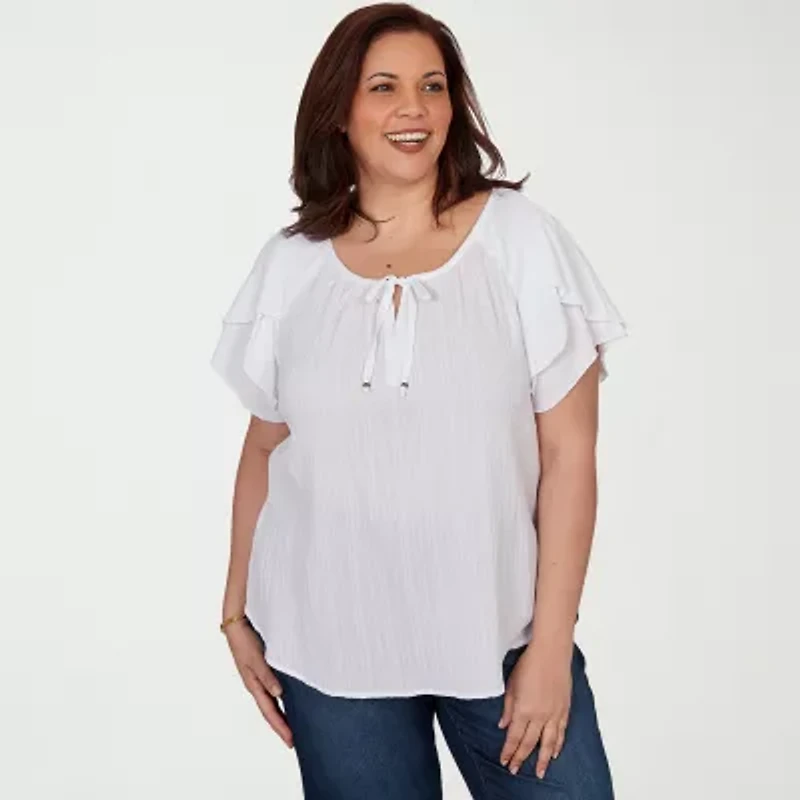 Hearts Of Palm Womens Plus Split Tie Neck Short Sleeve Blouse