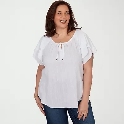 Hearts Of Palm Womens Plus Split Tie Neck Short Sleeve Blouse