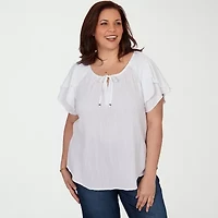 Hearts Of Palm Womens Plus Split Tie Neck Short Sleeve Blouse