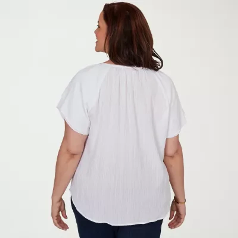 Hearts Of Palm Womens Plus Split Tie Neck Short Sleeve Blouse