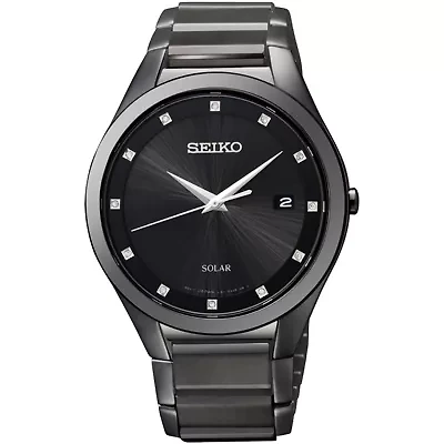 Seiko® Mens Black Diamond-Accent Watch SNE243