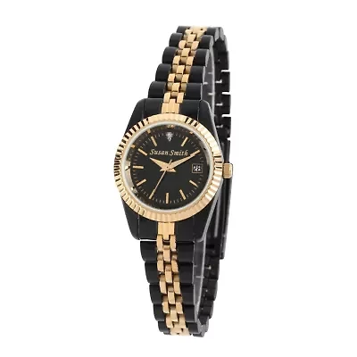 Personalized Womens Black And Gold Tone Diamond Accent Bracelet Watch
