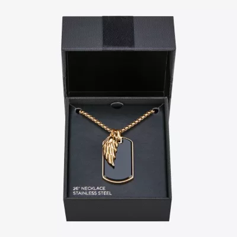 Mens Simulated Black Onyx Stainless Steel Wing 26 Inch Pendant Necklace