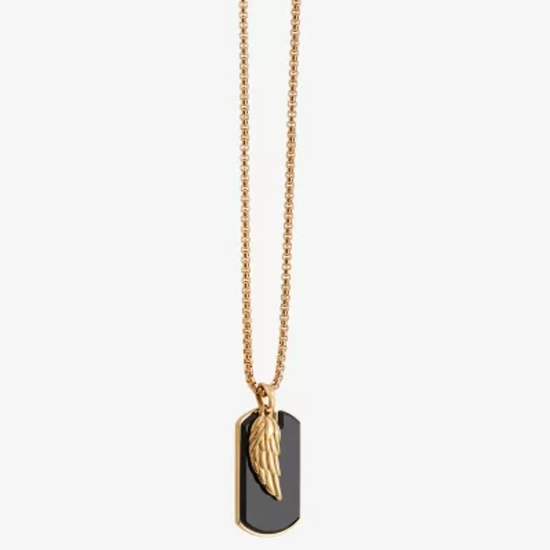 Mens Simulated Black Onyx Stainless Steel Wing 26 Inch Pendant Necklace