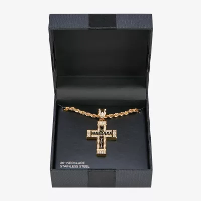 Mens Multi Color Cubic Zirconia Stainless Steel Cross 26 Inch Pendant Necklace