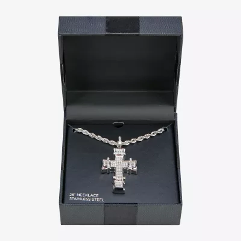 Mens Cubic Zirconia Stainless Steel Cross 26 Inch Pendant Necklace