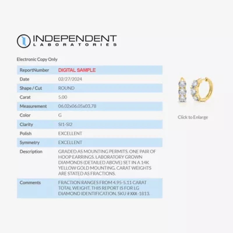 (G/Si1-Si2) Womens 5 CT. T.W. Lab Grown White Diamond 14K Gold 18.9mm Hoop Earrings