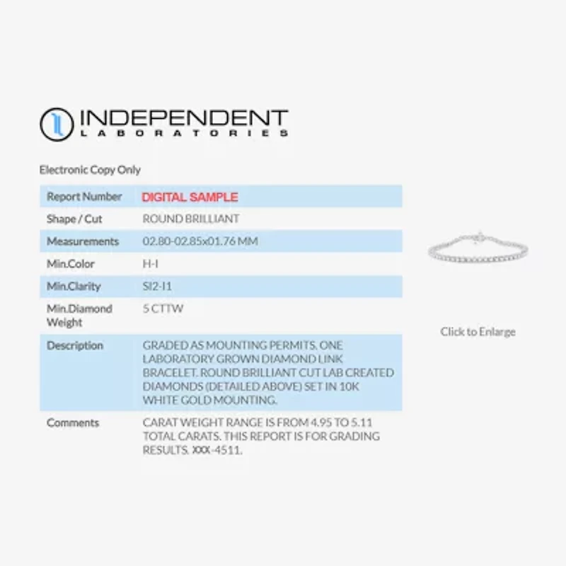 (H-I / Si2-I1) Womens 5 CT. T.W. Lab Grown White Diamond 10K White Gold 7.25 Inch Tennis Bracelet