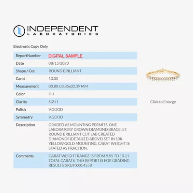 10 CT.T.W. (H-I / SI2-I1) Lab Grown Diamond 10K White or Yellow Gold Tennis Bracelet