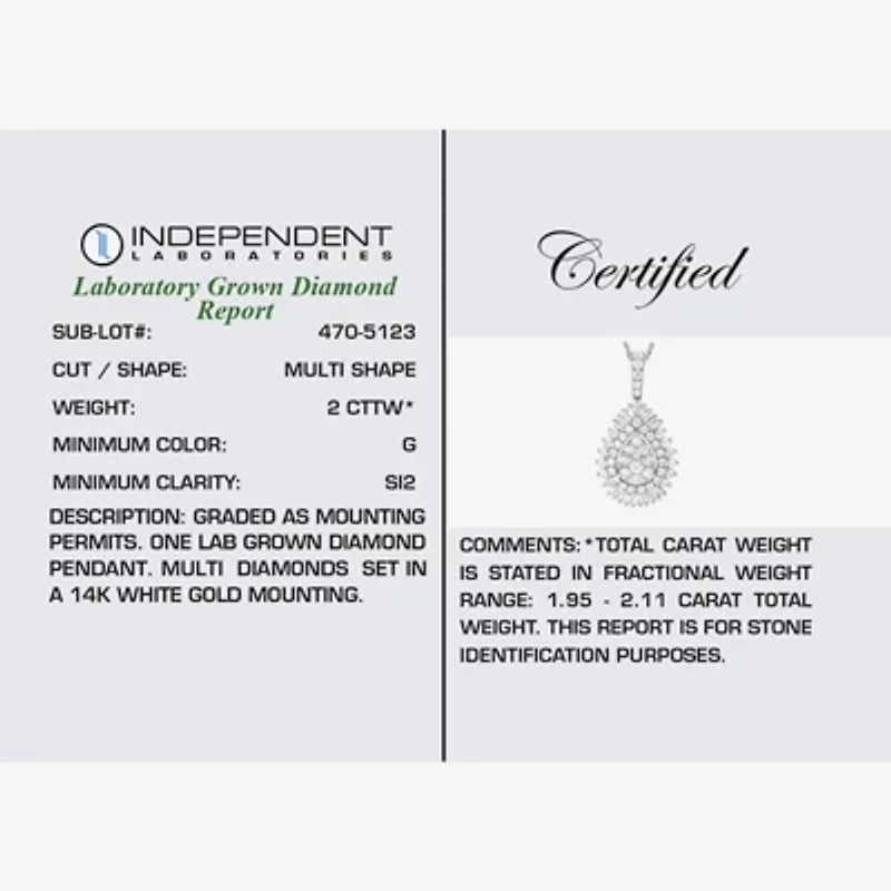(G / Si2) Womens 2 CT. T.W. Lab Grown White Diamond 14K White Gold Pear 18 Inch Pendant Necklace