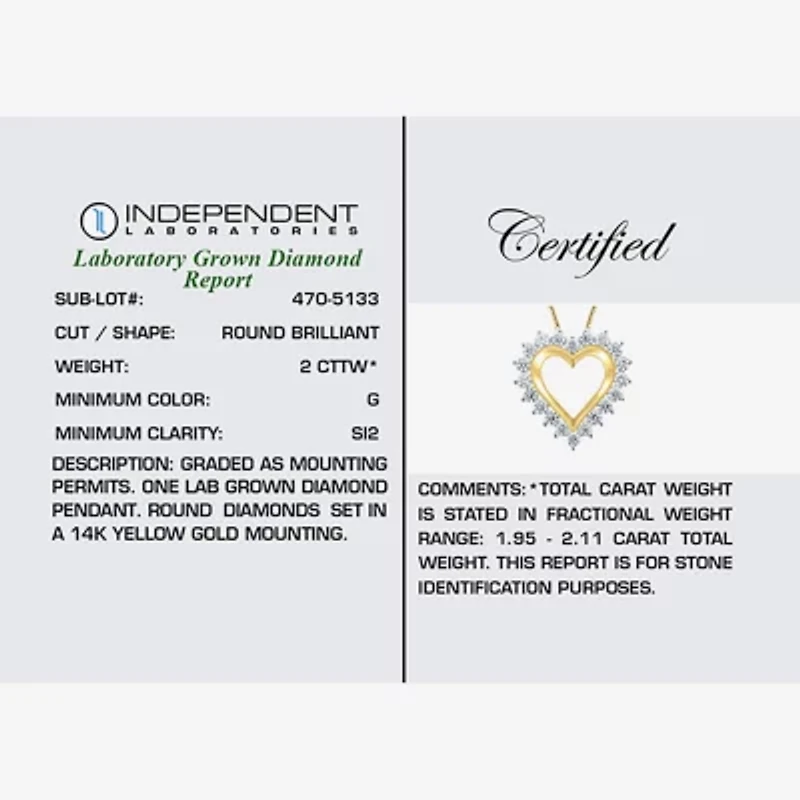 (G / Si2) Womens 2 CT. T.W. Lab Grown White Diamond 14K Gold Heart 18 Inch Pendant Necklace