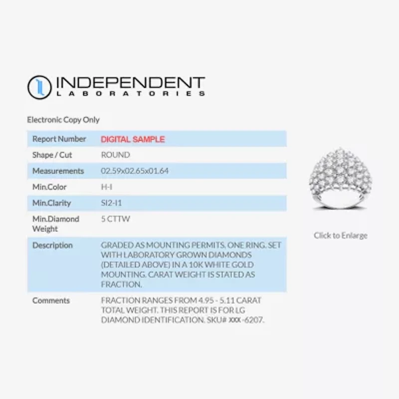 (H-I / Si2-I1) Womens 5 CT. T.W. Lab Grown White Diamond 10K Gold Cocktail Ring
