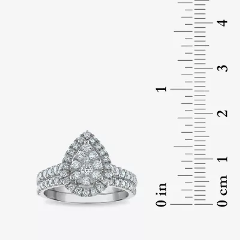 Signature By Modern Bride Womens 1 CT. T.W. Natural White Diamond 10K White Gold Pear Side Stone Halo Bridal Set