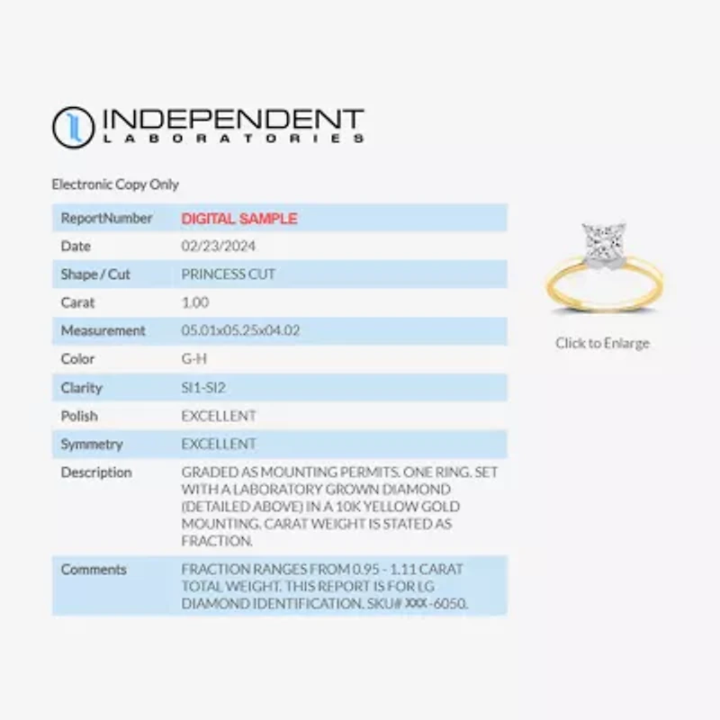 1 CT. Lab-Grown (G-H / SI1-SI2) Diamond Princess-cut Solitaire Engagement Ring 10K Gold