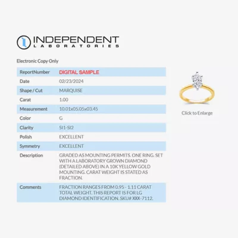 1 CT. Lab-Grown (G / SI1-SI2) Diamond Marquise-cut Solitaire Engagement Ring 10K or 14K Gold