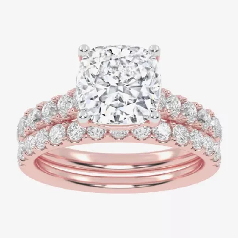 Signature By Modern Bride (G-H / Vs2-Si1) Womens 3 CT. T.W. Lab Grown White Diamond 14K Gold Cushion Side Stone Bridal Set