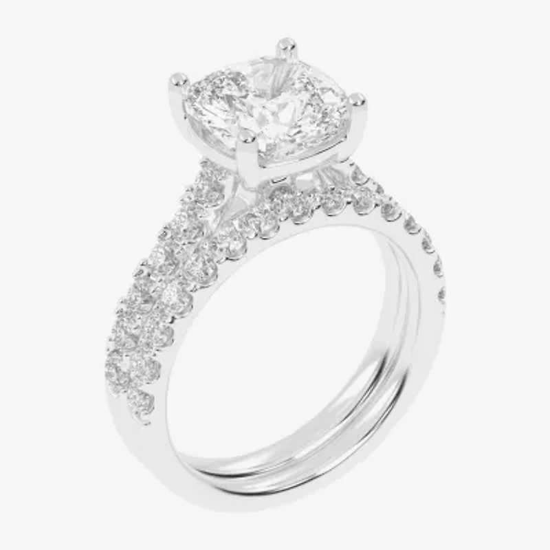 (G-H / Vs2-Si1) Womens 4 CT. T.W. Lab Grown White Diamond 14K Gold Cushion Side Stone Bridal Set