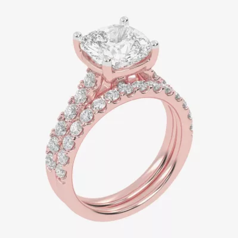 Signature By Modern Bride (G-H / Vs2-Si1) Womens 4 CT. T.W. Lab Grown White Diamond 14K Gold Cushion Side Stone Bridal Set