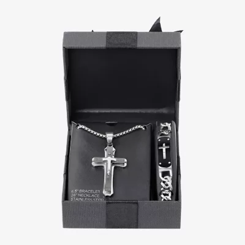 Mens 2-pc Stainless Steel Cross Necklace and ID bracelet Jewerly Set