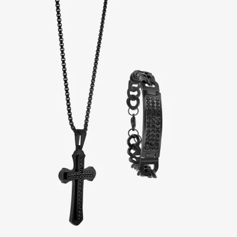 Mens Black Cubic Zirconia Stainless Steel Cross 2-pc. Jewelry Set