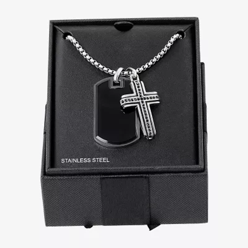 Mens Simulated Black Onyx Stainless Steel Cross 26 Inch Pendant Necklace