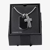 Mens Simulated Black Onyx Stainless Steel Cross 26 Inch Pendant Necklace