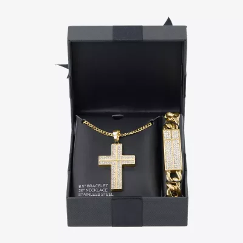 Mens White Venetian Glass Stainless Steel Cross 2-pc. Jewelry Set